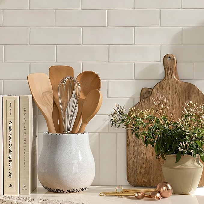 JIEMEI HOME Kitchen Utensil Holder for Kitchen Counter, 6.3" Ceramic Rustic Utensil Crock for Countertop, Farmhouse Cooking Tool Organizer, Spatula Holder For Kitchen Decor, Antique Cracked White