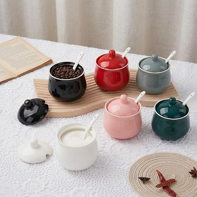 Ceramic Sugar Bowl with Lid and Spoon, Black Porcelain Sugar Salt Pepper Storage Jar, 7 Ounces