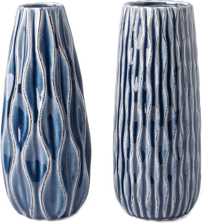 VICTOR & TERESA Ceramic Vase for Flowers, 10'' Set of 2 Decorative Blue Vases for Home Decor, Farmhouse Vases for Pampas Grass, Table, Mantel, Living Room, Shelf, Centerpieces, Gifts for Mom