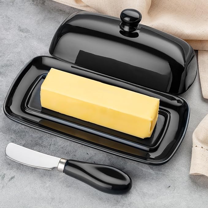 Zulay Kitchen Butter Dish With Lid For Countertop - Porcelain Black, Ceramic Butter Dish with Knob Handle Great for Cooking - Elegant Design Butter Holder - Durable & Sturdy Butter Keeper - Black