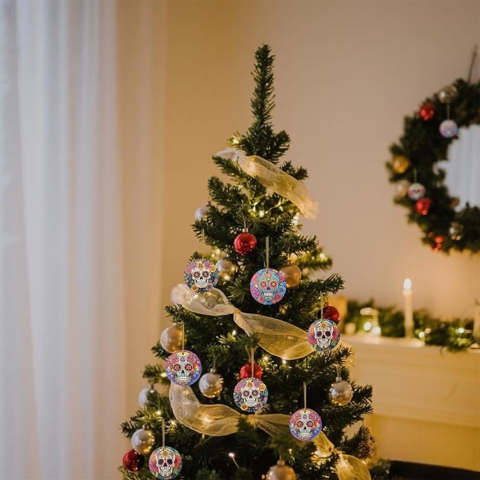 Floral Skull Christmas Ornaments Set of 4,Ceramic Skulls Ornaments for Christmas Tree,Keepsake Ornament Holiday Decoration, Round, Gift Exchange for Home