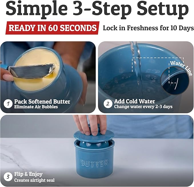 PriorityChef Butter Crock with Lid with Water Line,Ceramic French Butter Dish to Leave On Counter, Lapis Blue