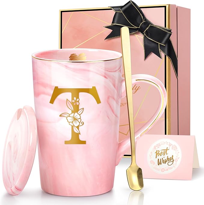 Personalized Marble Ceramic Mug Gifts for Women, 14 Oz Pink Initial Customized Gift Coffee Mug with Lid, Birthday Christmas Mother's Day Gifts for Her Wife Mom Grandma Friend Sister Unique,T