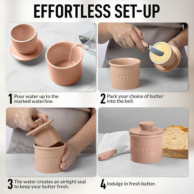 Zulay Kitchen Bell Shaped Butter Crock with Lid for Countertop with Water Line & Spreader Knife, Ceramic French Butter Dish Keeper For Fresh, Soft & Spreadable Butter - Peach