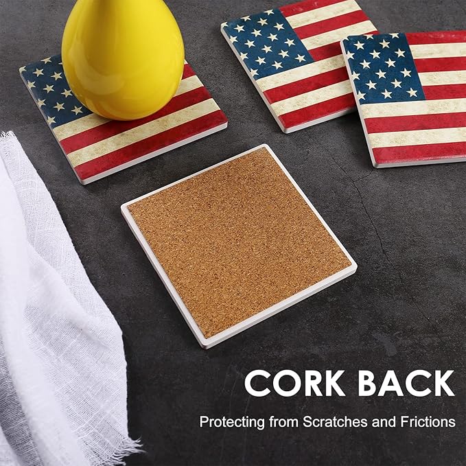 wonlex Ceramic Coasters Absorbent for Drinks, Patriotic Coaster with Cork Base for Coffee Table, Housewarming Gift for Women and Men, Home Decor, 4 Pack (USA Flag)