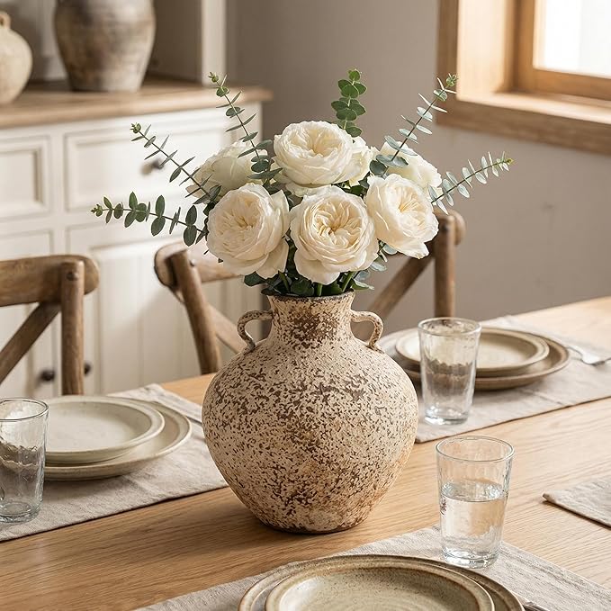 Ceramic Rustic Farmhouse Vase,Extra Large Terra Cotta Vase, Huge Pottery Decorative Flower Vases for Living Room Entryway Table Centerpiece Decor(11.8'' X 11.8'' x 11.8'')