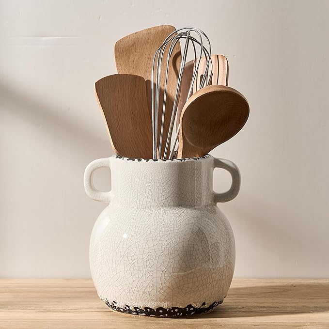 JIEMEI HOME Kitchen Utensil Holder with Handle, 6.85" Ceramic Farmhouse Stable Utensil Crock for Countertop, Utensil Organizer with Cork Bottom, Spatula Holder For Kitchen Decor, White