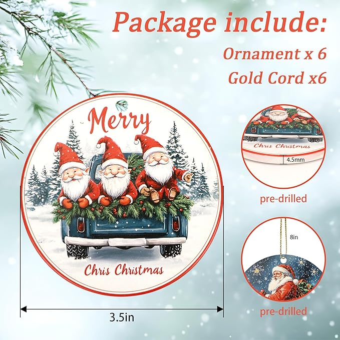 6pcs Christmas Hanging Ornaments Set,3.4" Santa Claus Ornaments Ceramic Hanging Ornaments for Christmas Tree Decoration Winter Holiday Xmas Decorations,Keepsake Gifts for Family