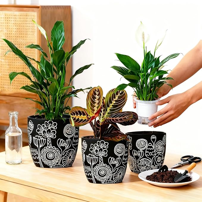 Terracotta Pots, 6.5+5+4.4 Inch Plant Pots with Drainage Hole- Floral Pattern, Black Boho Ceramic Planters for Indoor Plants, Flower Pots Indoor Succulents, Herbs Plants,Set of 3