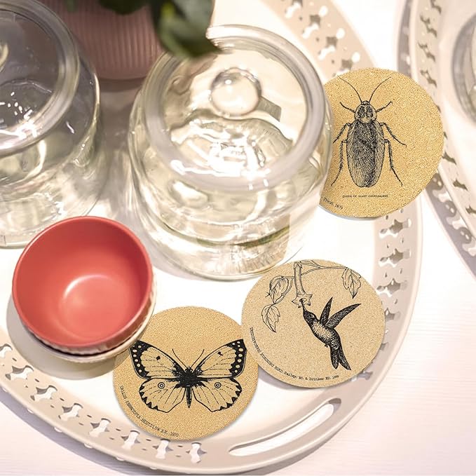Coasters Insects for Drinks with Holder Set of 6, Butterfly Cork Coaster Absorbent for Cup Entomology Office Desk Table Coasters Kitchen Decor House Warming Gifts for New Home Couples, Round 4"
