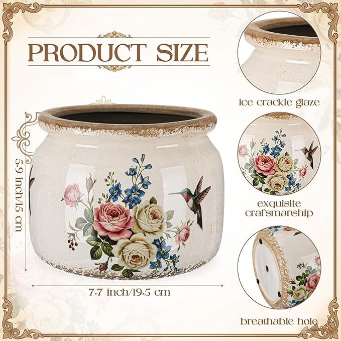 7.7″ Large Vintage Ceramic Plant Pot with Hummingbird Bloom Pattern Cream White Rustic Planter with Ice Crackle Glaze & Drainage Hole for Indoor Outdoor Plants Home Kitchen Office Decor Gift