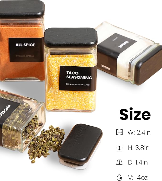 APT 1101 4 oz Glass Square Spice Jars with Labels, Glass Jars with Bamboo Lids, Spice Bottles, Seasoning Organizer, 12 Pack (Black)