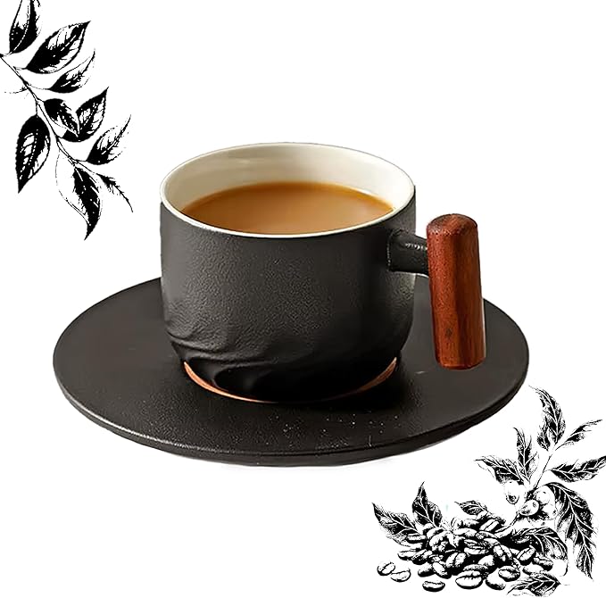 PRINCE G Japanese Style Ceramic Mug with Matching Saucer – Handmade Espresso, Coffee, Tea & Matcha Cup, Ideal Gift Set with Handgrip (BLACK)