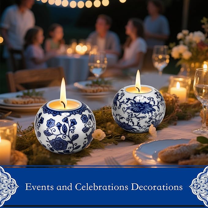 One Pair Classic Celadon Tealight Holder Set, Chinoiserie Blue and White Porcelain from Jingdezhen, Candle Holder for Housewarming Gifts and Home Decoration (W 3.54 in x H 2.76 in)