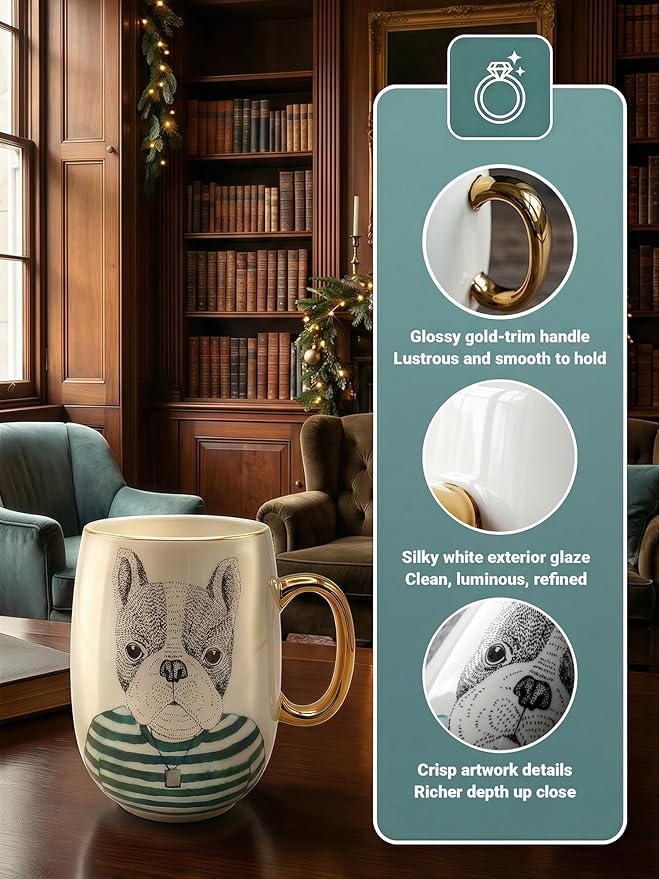 Large 24oz Ceramic Coffee Mug with Gold-Trim Handle, Oversized Porcelain Mug for Coffee, Tea & Hot Chocolate, Hand-Painted Artisan Style, Lead-Free, Gift-Ready Box, Hand Wash Only, Not Microwave Safe