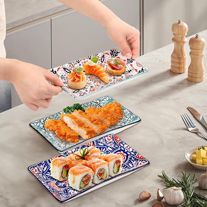 Goaste 6 Pack Ceramic Rectangular Dessert Plates, 8.5 Inch Colorful Salad Plates Set, Porcelain Serving Platter Trays for Appetizer, Sushi, Fruit, Cake, Microwave Oven Dishwasher Safe, Assorted Colors