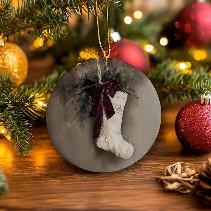 Vintage Christmas Stocking Ceramic Ornament Gifts, Rustic Moody Winter Christmas Decorative Hanging Ornaments for Xmas Tree Holiday Party Decoration, Santa Deer Xmas Tree Decorations