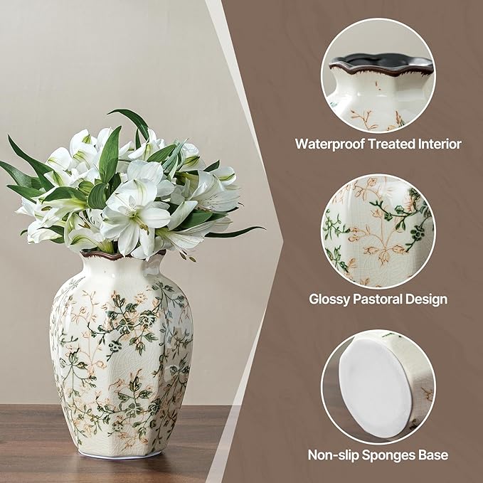 Vintage Pastoral Octagonal Vase, Green and Beige Retro Ceramic Flower Vases, Rustic Farmhouse Vases Chinoiserie Floral Small Vase for Home Decor, Living Room, Kitchen, Bedroom and Shelf 6.7 Inch