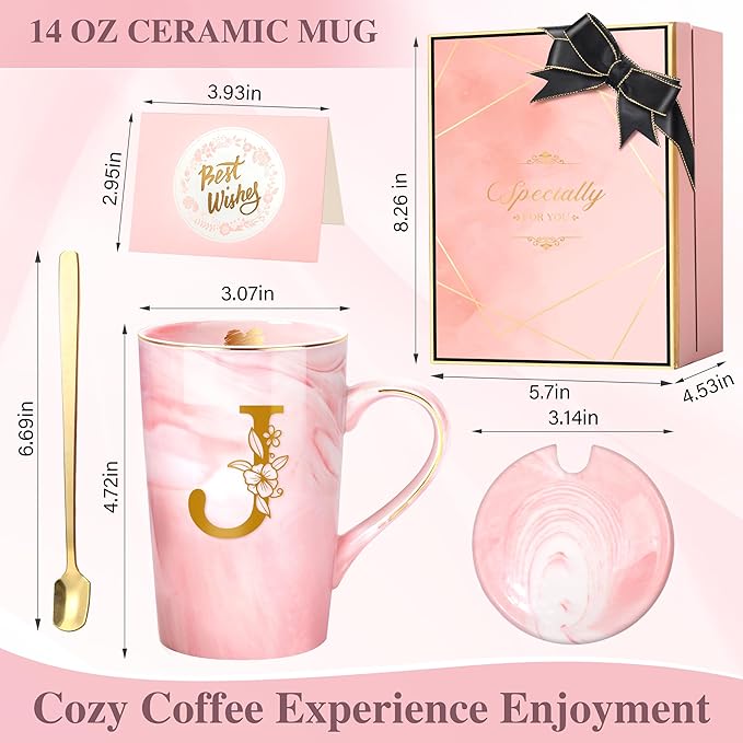 Coffee Mugs - Personalized Gifts for Women, Initial Customized Gift Ceramic Marble Cups 14 Oz Pink, Luxury Birthday Christmas Mother's Day Gift for Her Mom Grandma Girlfriend Friend Unique,J