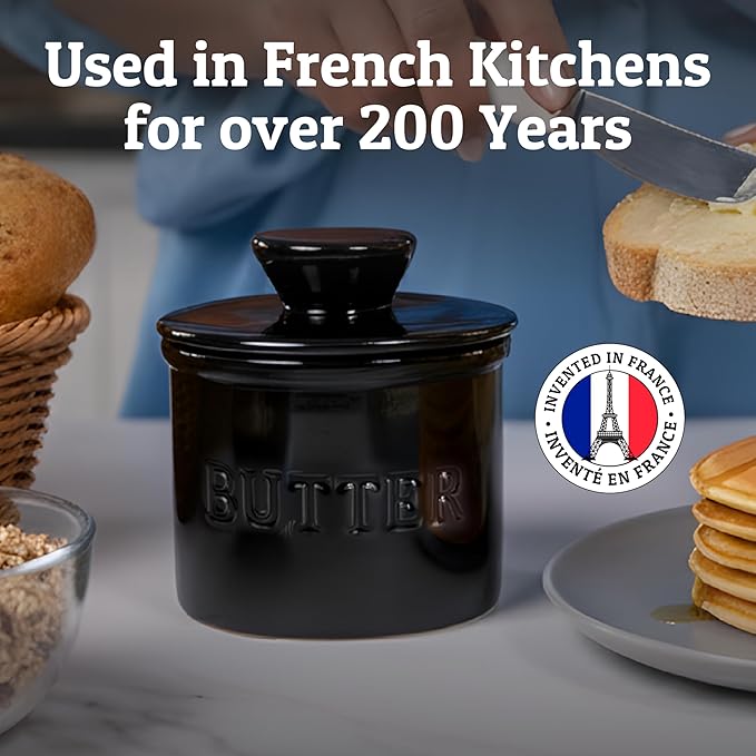 PriorityChef Butter Crock with Lid with Water Line, Ceramic French Butter Dish to Leave On Counter, Black