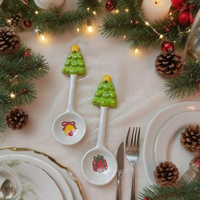 2Pcs Christmas Spoons Ceramic Spoons with Creative Xmas Tree Theme for Dessert Cake Coffee Tea Drinking Stirring Mixing Spoons Xmas Holiday Tableware Party Supplies