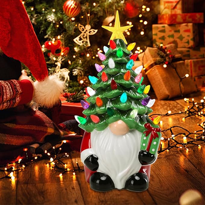 VCUTEKA Small Ceramic Christmas Tree Hand-Painted Vintage Tabletop Christmas Tree Holiday Decoration with Multi-Color Lights Green Gnome 11 inch