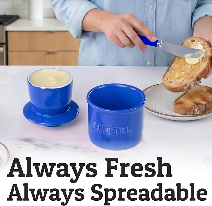 PriorityChef Butter Crock with Lid with Water Line, Ceramic French Butter Dish to Leave On Counter, Dark Blue