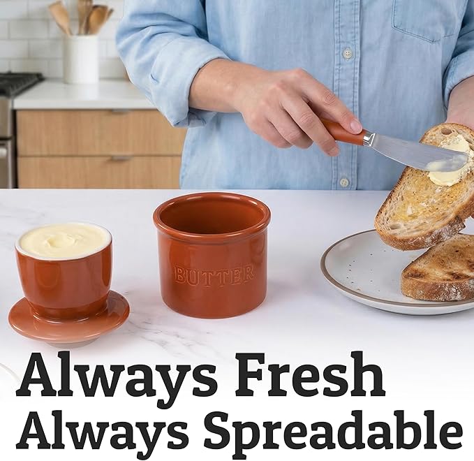 PriorityChef Butter Crock with Lid with Water Line,Ceramic French Butter Dish to Leave On Counter, Rust