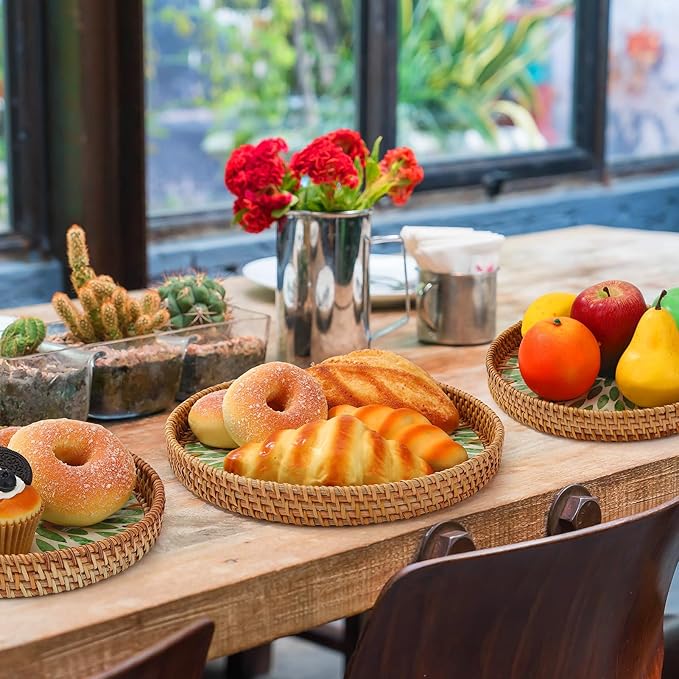 3 Pack Round Rattan Tray with Mother of Pearl Inlay, Decorative Boho Woven Basket Trays for Breakfast Tea Snack Fruit Coffee
