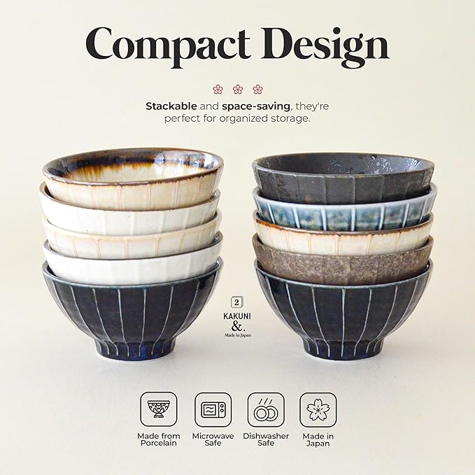 Set of 5 Japanese Ceramic Striped Ichichin Rice Bowls, Deep Soup & Eating Bowls with Distinctive Three-Dimensional Lines,Convenient, Stackable, for Cooking Prep & Serving (Blue and White)