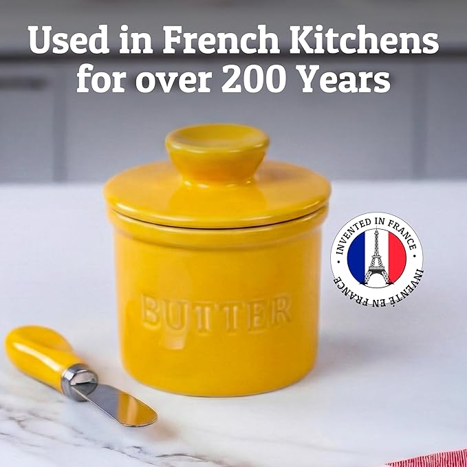 PriorityChef Butter Crock with Lid with Water Line, Ceramic French Butter Dish to Leave On Counter, Yellow