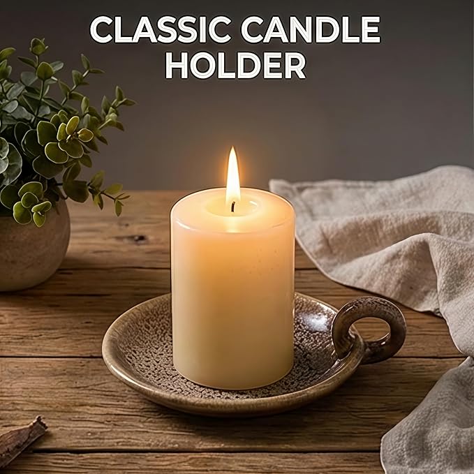 Vintage Ceramic Pillar Candle Holder Round Farmhouse Candlestick Holders with Handle, Decorative Incense Tray for Meditation Room, Table Centerpiece & Home Decor (Khaki)