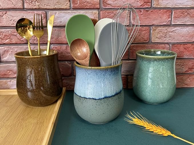 Short Kitchen Utensil Holder for Kitchen Counter, Ceramic Small Utensil Crock & Vase & Holder for Cutlery Spatula Brush Silverware Cooking Utensil Holder (Retro Sea Blue)