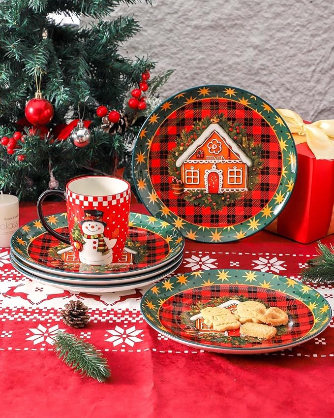 HASENSE Dinner Plates, 10.5 Inches Serving Dishes for Salad, Pasta, Steak, Dessert, Party, Kitchen, Ceramic Holiday Plate Set of 6, Microwave and Dishwasher Safe, Red
