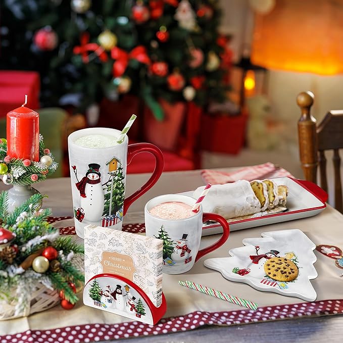 Joeyan Christmas Ceramic Dinner Plates,8.3" Xmas Tree Shaped Serving Plate Dishes with Festive Holiday Snowman Patterns,Dinnerware for Dessert Salad Appetizer,Microwave and Dishwasher Safe