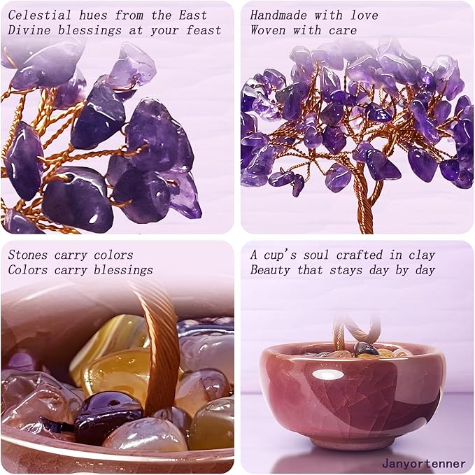 Mini Amethyst Crystals Tree of Life,Mystical Energy Home Office Desk Decor,Handmade Crystal with Copper Wire and Crackle Glaze Base,Spiritual Gift