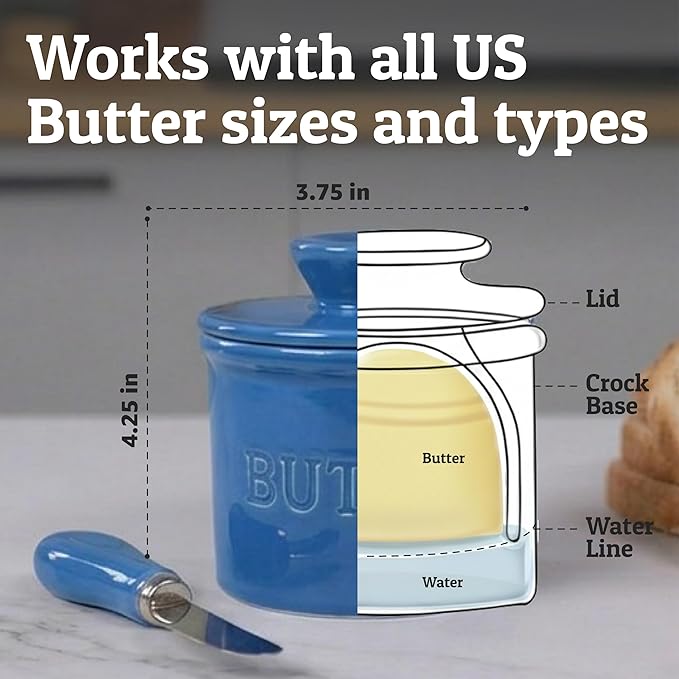 PriorityChef Butter Crock with Lid with Water Line,Ceramic French Butter Dish to Leave On Counter, Lapis Blue