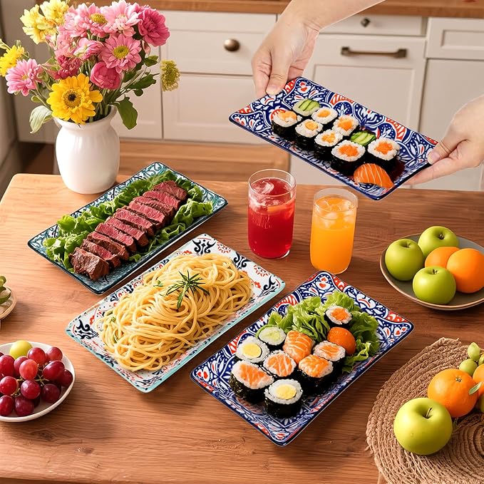 Goaste 6 Pack Ceramic Rectangular Dessert Plates, 8.5 Inch Colorful Salad Plates Set, Porcelain Serving Platter Trays for Appetizer, Sushi, Fruit, Cake, Microwave Oven Dishwasher Safe, Assorted Colors