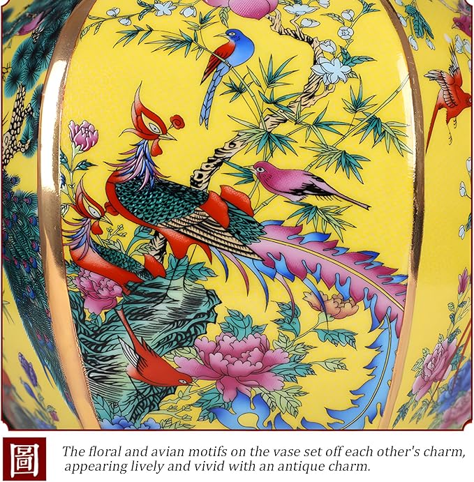 10 Inch Ceramic Vase - Chinese Cloisonné Antique Vase for Home Decor, Yellow Background with Phoenix & Peony Patterns, Gift for Women