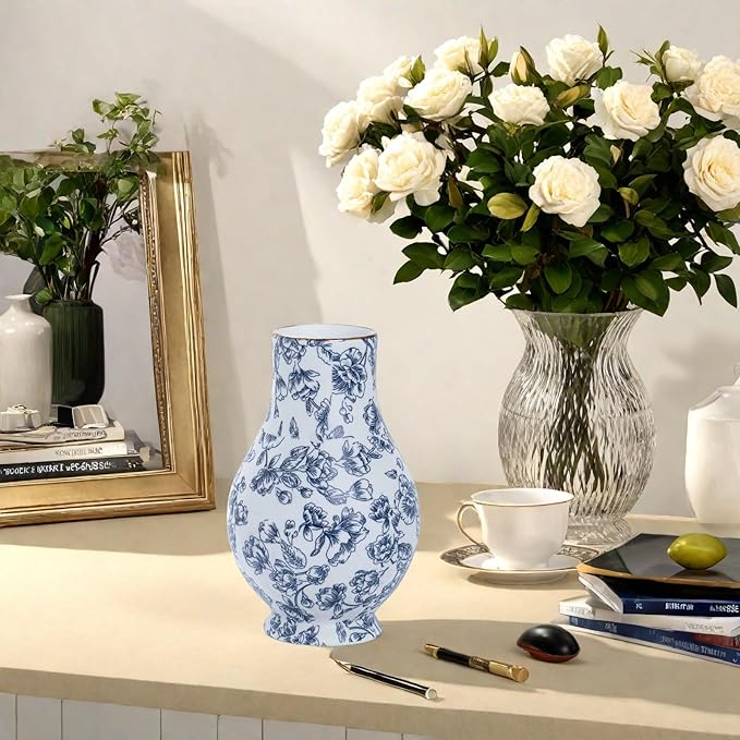 9in Blue and White Chinoiserie vase - Vintage Ceramic Flower vase with Antique Design, Perfect for centerpieces or Kitchen Accents.Chinoiserie Porcelain Decor