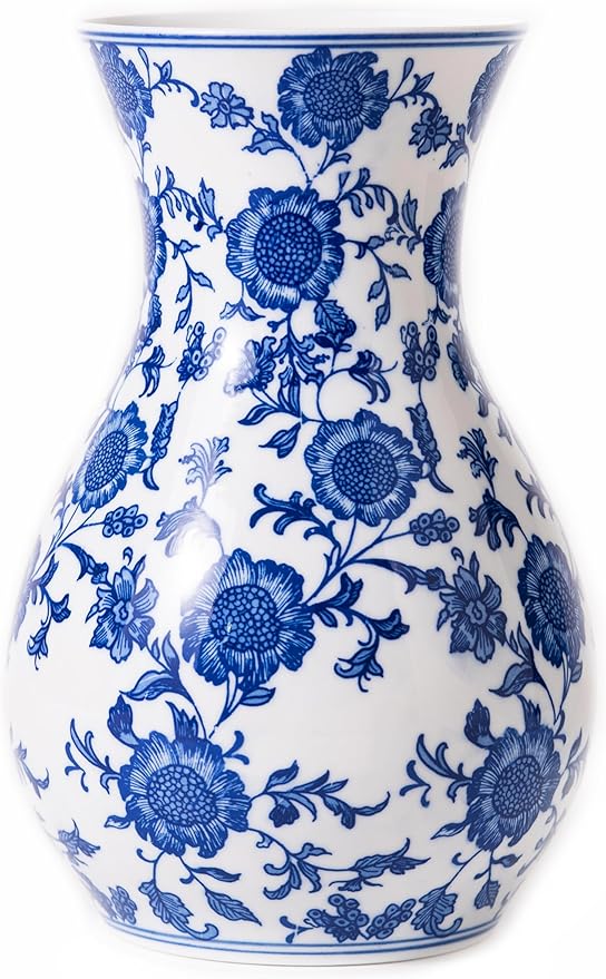 Blue and White Vase, Blue Sunflower Pattern Vase, Chinoiserie Vase, Blue and White Ginger Jar Vase for Home Decor,Flower Vase, Blue and White Porcelain Décor,11" H
