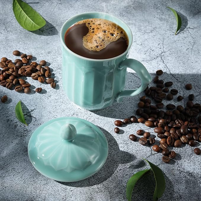 Porcelain Lotus Tea Cup with Lid and Handle, 12 oz Unique Coffee Mug, Microwave Dishwasher Safe, Gifts for Women and Men, Aesthetic Chinese Celadon 1 Pack (Sky Blue)