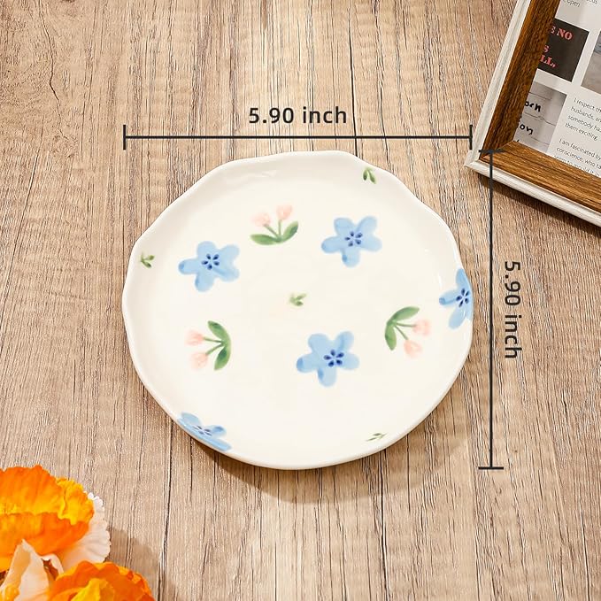 Koythin Ceramic Dessert Plates, Cute Fruits Dinner Plate, Creative Plates Design, Printed Flowers Dinnerware for Office and Home, Kitchen Plates for Desserts (Blue Flowers and Tulip)