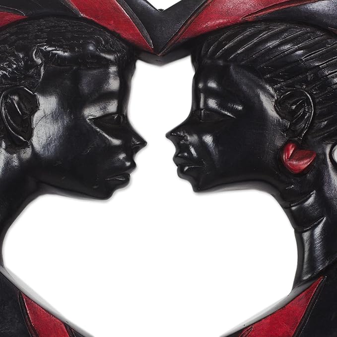 NOVICA Artisan Handmade Wood Wall Sculpture Romantic Sese from Ghana Black Red Decor Art Heart People Portraits [10.5in H x 13.5in W x 1.4in D] ' Passionate Lovers'
