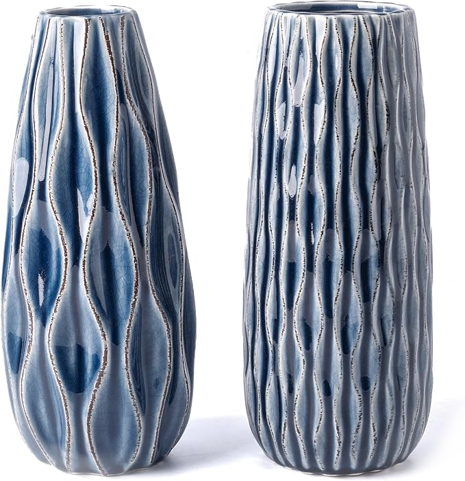 VICTOR & TERESA Ceramic Vase for Flowers, 10'' Set of 2 Decorative Blue Vases for Home Decor, Farmhouse Vases for Pampas Grass, Table, Mantel, Living Room, Shelf, Centerpieces, Gifts for Mom