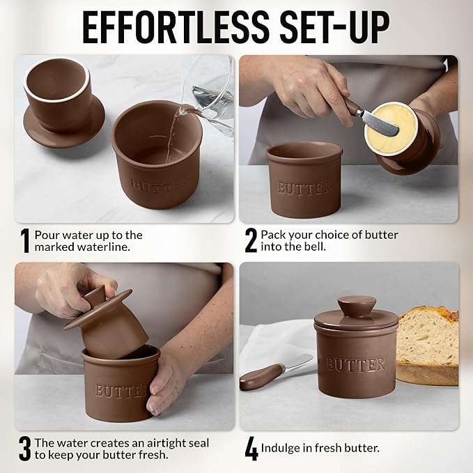 Zulay Kitchen Bell Shaped Butter Crock with Lid for Countertop with Water Line & Spreader Knife, Ceramic French Butter Dish Keeper For Fresh, Soft & Spreadable Butter - Coffee
