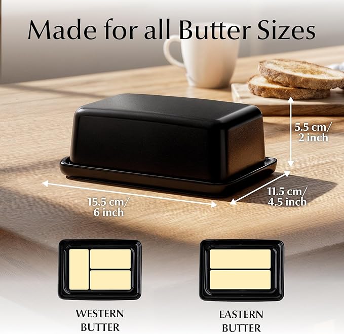 MIAMIO - Ceramic Butter Dish with Lid for Countertop, Holds 2 Sticks of Butter/Butter Holder and Container with Ceramic Lid, Butter Dish for Refrigerator (Black)