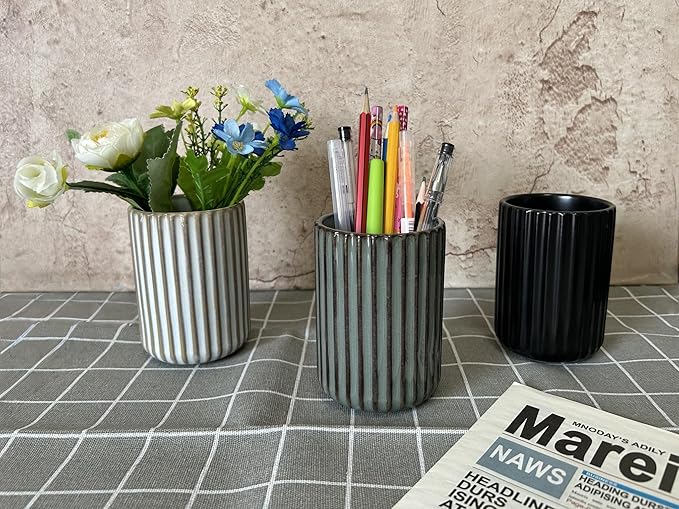 Stoneware Coffee Bar Utensil Holder Tea & Coffee Spoon & Stirrer Holder for Stir Stick Straw Teaspoon Holder Spoon Cup Small Utensil Jar Fluted Vertical Stripe (Retro Grey)