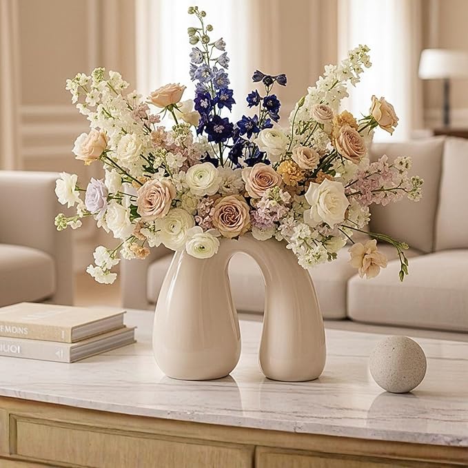 Cream White Ceramic Decorative Pitcher Vase, 7.5 in – Glossy Sculptural Arch-Handle, Modern Home Décor Accent for Fresh or Dried Floral Arrangements, Table/Shelf/Entryway, Giftable