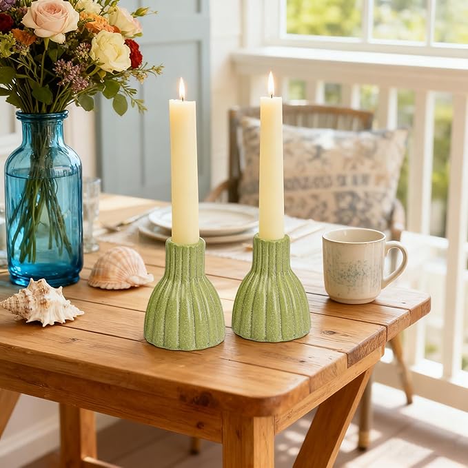 Set of 2 Vintage Ribbed Ceramic Taper Candle Holders, Distressed Green Farmhouse Candlestick Stands for Tabletop, Mantel & Shelf Decor